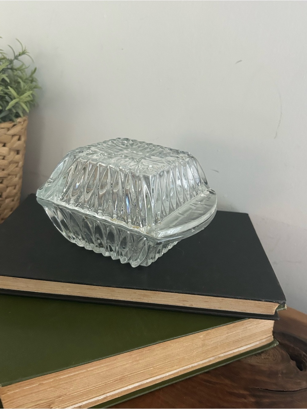 Clear Glass Lidded Butter Dish - Pressed Pattern Square